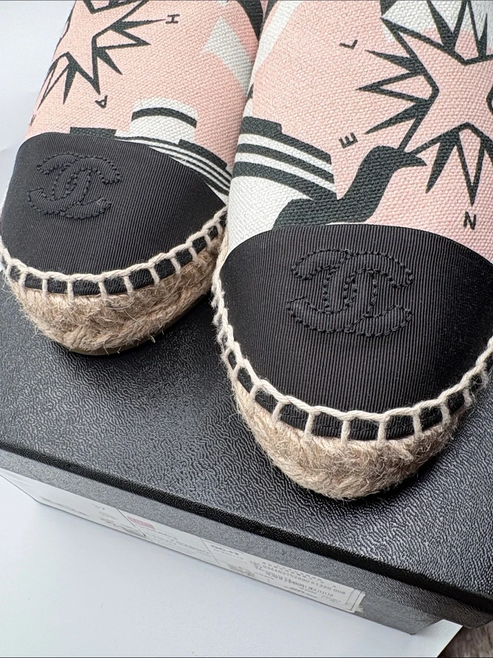 CHANEL Pink and Black Canvas Starburst Espadrilles